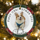 Weihnachten Karierten Begleiter's Erstes Weihnacht Keramik Ornament<br><div class="desc">Das erste Weihnachtsschmuck eines Haustieres mit individuellem Foto und Namen auf festlichem kariertem Hintergrund.</div>
