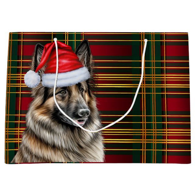Weihnachten Karierter belgischer Tervuren Dog Love Große Geschenktüte (Vorderseite)
