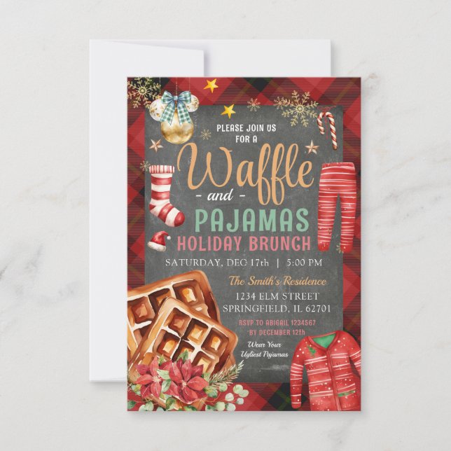 Weihnachten Karierter Chalkboard Waffle Pajamas Ho Einladung (Vorderseite)