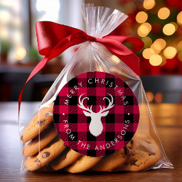 Weihnachten Kariertes Muster und Hirsch Runder Aufkleber