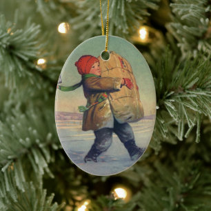 Weihnachten, Kind mit großem Paket Keramikornament