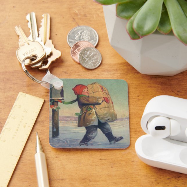 Weihnachten, Kind mit großem Paket Schlüsselanhänger (Schreibtisch)