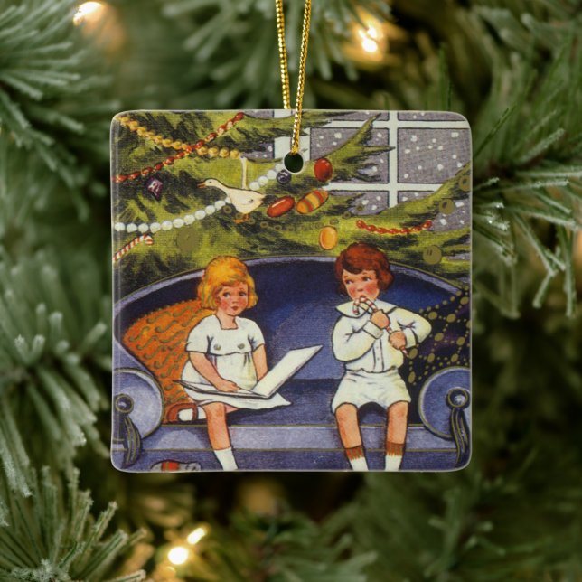 Weihnachten, Kinder auf einer Couch sitzen Keramikornament (Baum)