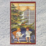 Weihnachten, Kinder auf einer Couch sitzen Rechteckiger Aufkleber<br><div class="desc">Vintage Abbildung Viktorianisches Weihnachtsbild mit glücklichen Geschwistern auf einem Sofa. Ein Bruder und eine Schwester auf einem Sofa haben einen dekorierten Weihnachtsbaum und ein Fenster hinter ihnen. Das Mädchen liest ein Buch,  und der Junge isst einen Bonbons. Im Text steht "Frohe Weihnachten".</div>
