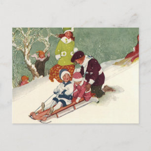 Weihnachten, Kinder Rodeln im Schnee Feiertagspostkarte