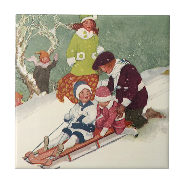 Weihnachten, Kinder Rodeln im Schnee Fliese (Vorderseite)