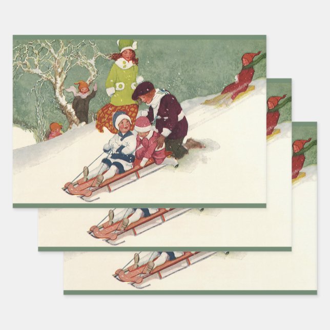 Weihnachten, Kinder Rodeln im Schnee Geschenkpapier Set (Set)