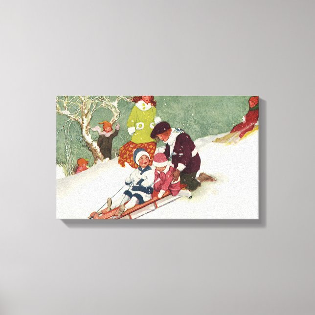 Weihnachten, Kinder Rodeln im Schnee Leinwanddruck (Front)