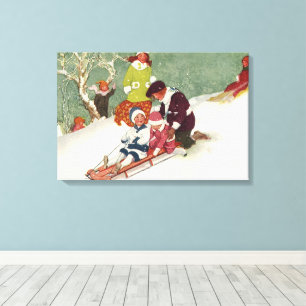 Weihnachten, Kinder Rodeln im Schnee Leinwanddruck