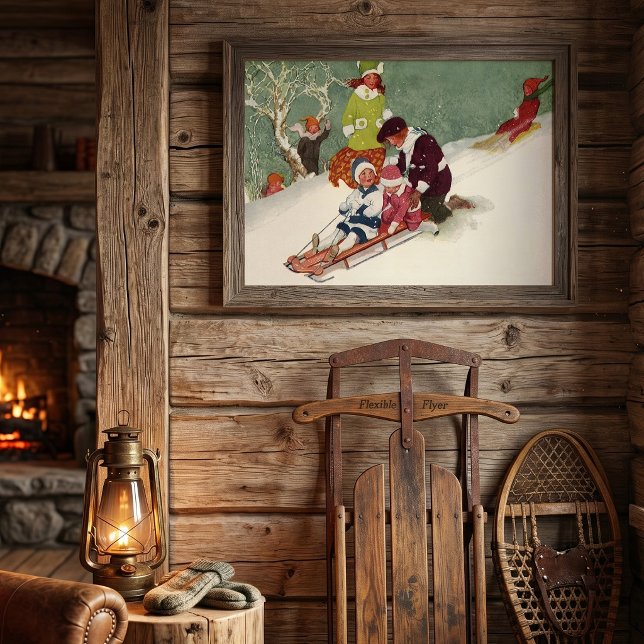 Weihnachten, Kinder Rodeln im Schnee Poster (Vintage illustration Christmas image with children playing in the snow on a sled.)
