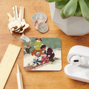 Weihnachten, Kinder Rodeln im Schnee Schlüsselanhänger