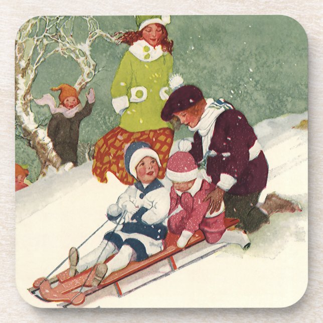 Weihnachten, Kinder Rodeln im Schnee Untersetzer (Vorderseite)
