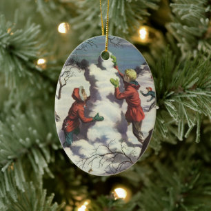 Weihnachten, Kinder Schneeballkampf Keramikornament