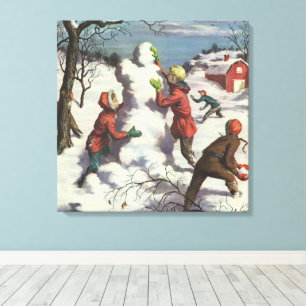 Weihnachten, Kinder Schneeballkampf Leinwanddruck