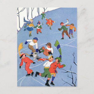Weihnachten, Kindereis-Skaten auf dem See Feiertagspostkarte