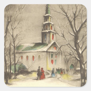 Weihnachten, Kirche im Winter Schnee Quadratischer Aufkleber