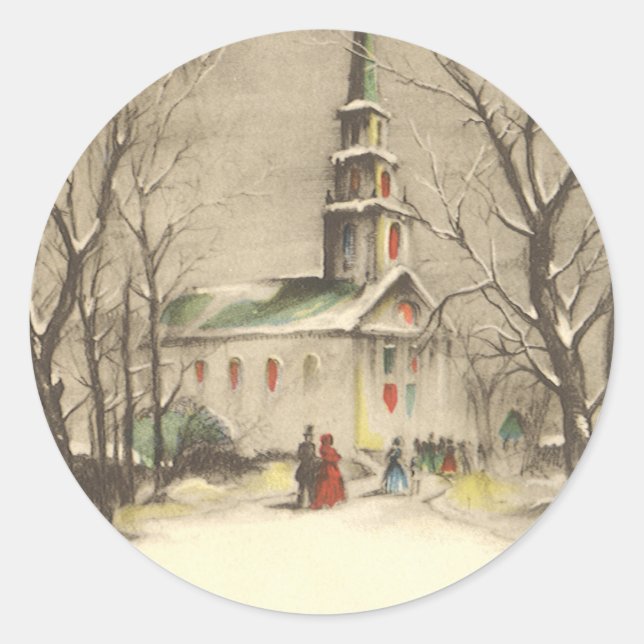 Weihnachten, Kirche im Winter Schnee Runder Aufkleber (Vorderseite)
