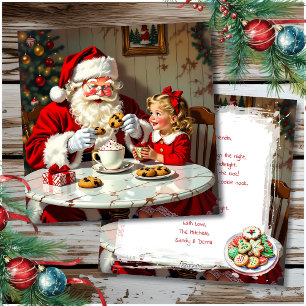 Weihnachten: Kleines Mädchen gibt Santa ein Gesche Feiertagskarte