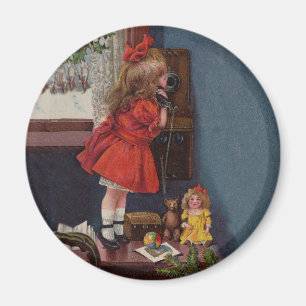 Weihnachten kleines Mädchen Telefon Antiquität Magnet