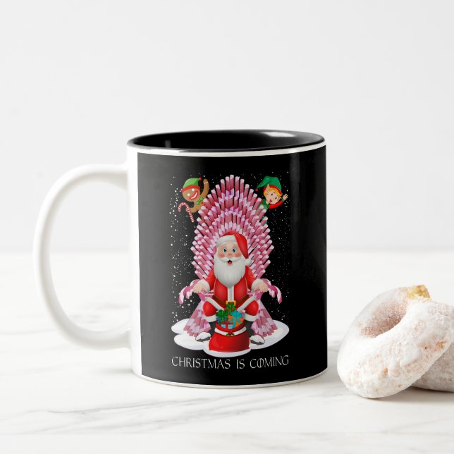 Weihnachten kommt der Weihnachtsmann Cane Candy Th Zweifarbige Tasse (Mit Donut)