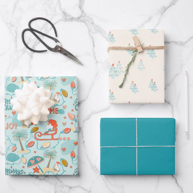 Weihnachten, Küstenfarbe, Aqua, Orange, Sand Geschenkpapier Set (Vorderseite)