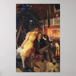 Weihnachten, Liebe und Romantik Poster<br><div class="desc">Vintage Illustration Frohe Weihnachtsbilder mit einem fröhlichen,  romantischen Paar,  das Weihnachtsgeschenke am Kamin und dekorierten Baum öffnet. Grüße der Saison!</div>