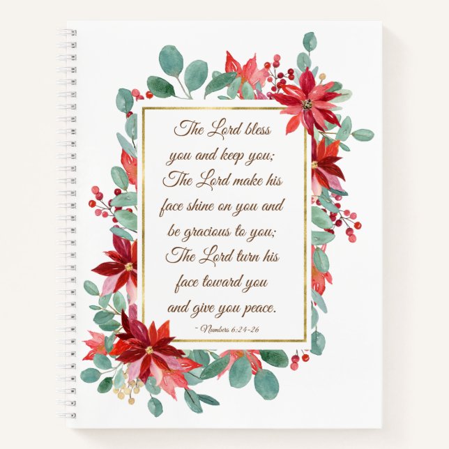 Weihnachten Lord Bless You Bible Verse Poinsettia Notizbuch (Vorderseite)