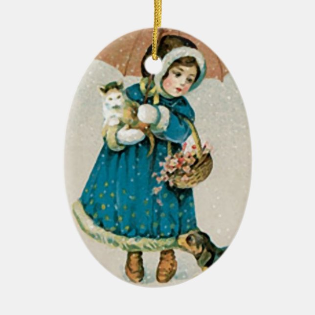 Weihnachten Mädchen Katze & Hund Keramik Ornament (Vorne)