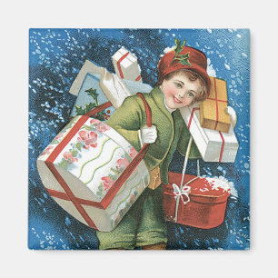 Weihnachten, Mädchen mit Geschenken im Winter Schn Magnet