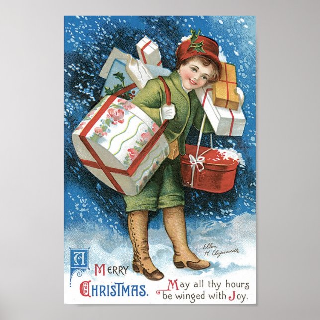 Weihnachten, Mädchen mit Geschenken im Winter Schn Poster (Vorne)