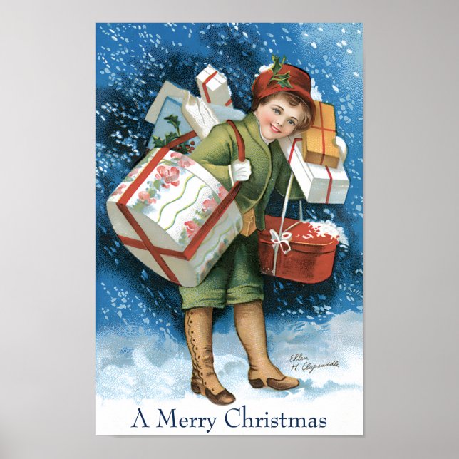 Weihnachten, Mädchen mit Geschenken im Winter Schn Poster (Vorne)