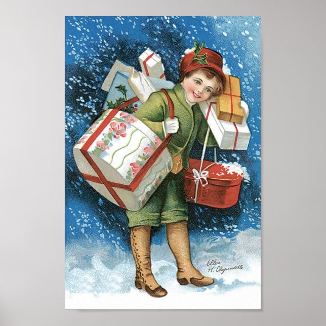 Weihnachten, Mädchen mit Geschenken im Winter Schn Poster (Vorne)