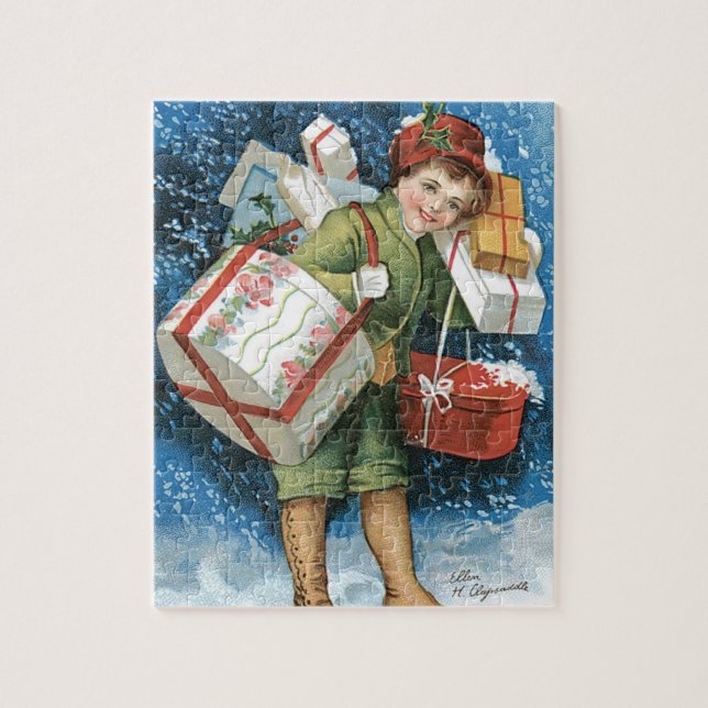 Weihnachten, Mädchen mit Geschenken im Winter Schn Puzzle (Vertikal)