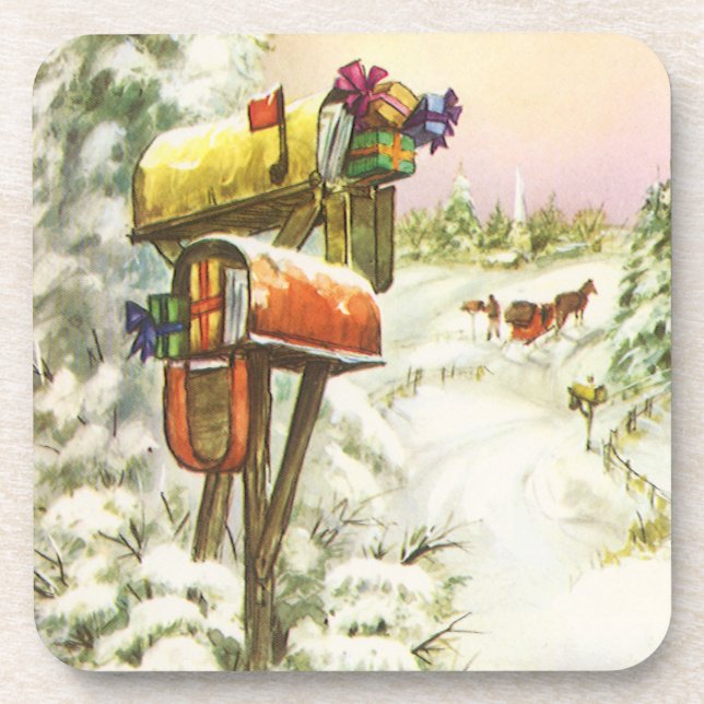 Weihnachten, Mailboxen im Winter Landschaft Untersetzer (Vorderseite)