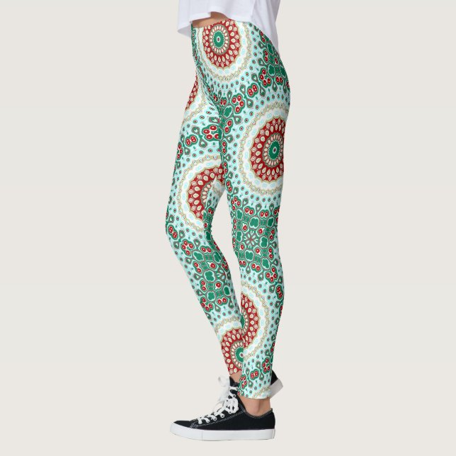 Weihnachten Mandala in Rot, Grün und Mattiert Blau Leggings (Links)