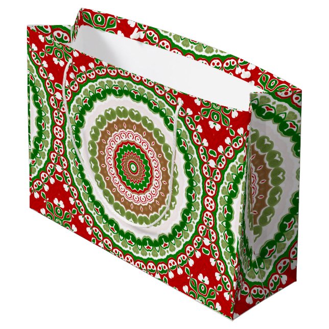 Weihnachten Mandala in Rot, Grün und Warm Gold Große Geschenktüte (Rückseite Schrägansicht)