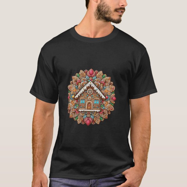 Weihnachten Mandala mit Gingerbread House Long Sle T-Shirt (Vorderseite)