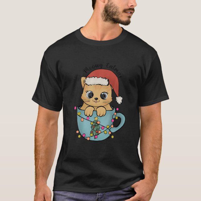 Weihnachten Meowy Catmas Tree Lights Cat Lover Fun T-Shirt (Vorderseite)