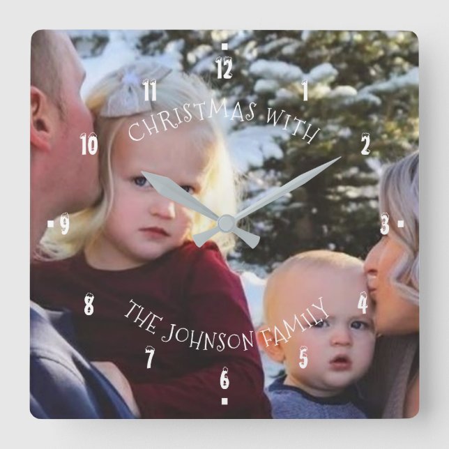 Weihnachten mit beliebigem Foto Familienfest Quadratische Wanduhr (Vorderseite)