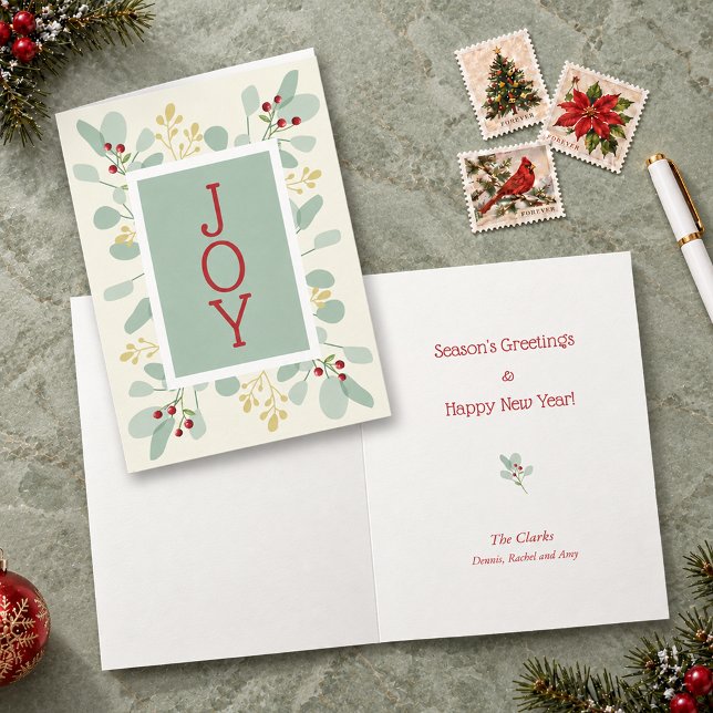Weihnachten mit Blättern und Beeren (Leaves and Berries JOY  Christmas Holiday Cards, PRINTED and/or INSTANT DOWNLOAD)