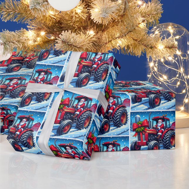 Weihnachten mit dem Auto eines roten Traktors Geschenkpapier (Feiertage)