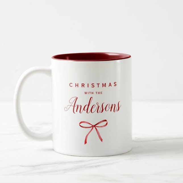 Weihnachten mit der Familie - rotes Band Zweifarbige Tasse (Links)