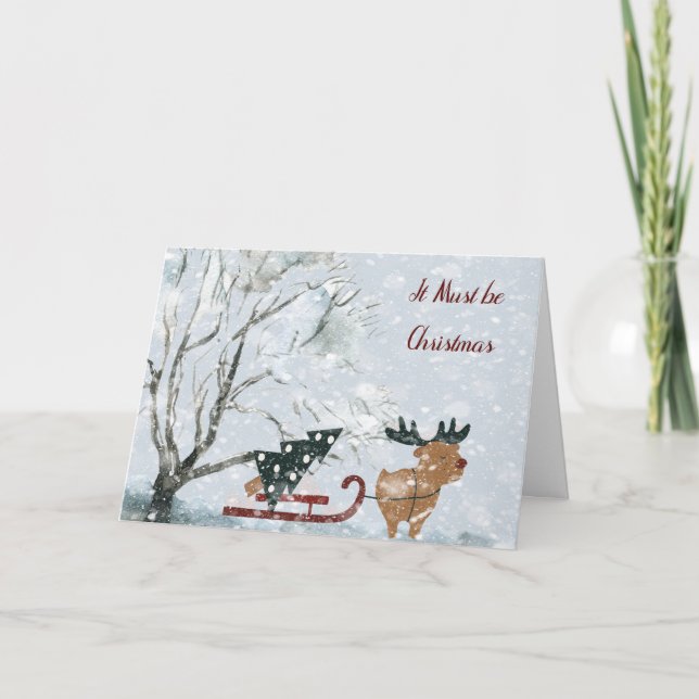 Weihnachten mit Elch, der Weihnachtsbaum zieht Karte (Vorderseite)