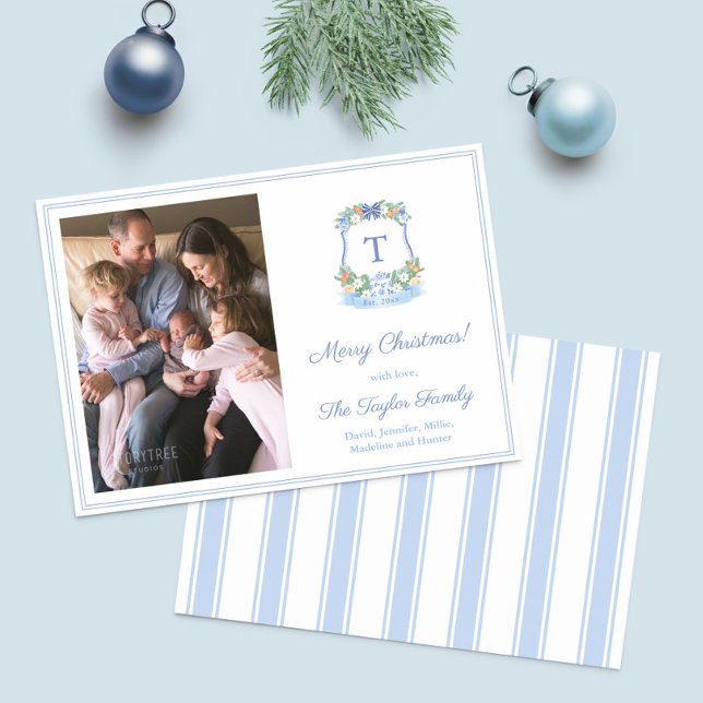 Weihnachten mit Handgemälden in Blau und Weiß (Watercolor Citrus Monogram photo Christmas Cards with blue and white stripe backer)