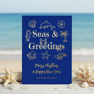 Weihnachten mit Küsten-Typografie "Meere & Grüße" Folien Feiertagskarte