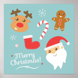 Weihnachten mit Santa, Rentier, Lebkuchenmann Poster