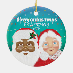 Weihnachten mit Santa und Mrs. Claus als biraciale Keramik Ornament