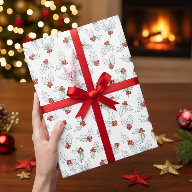 Weihnachten mit Wasserfarben-Stechpalmenblättern u Geschenkpapier (Von Creator hochgeladen)
