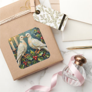 Weihnachten mit weißen Tauben und Stechpalmen-Girl Quadratischer Aufkleber