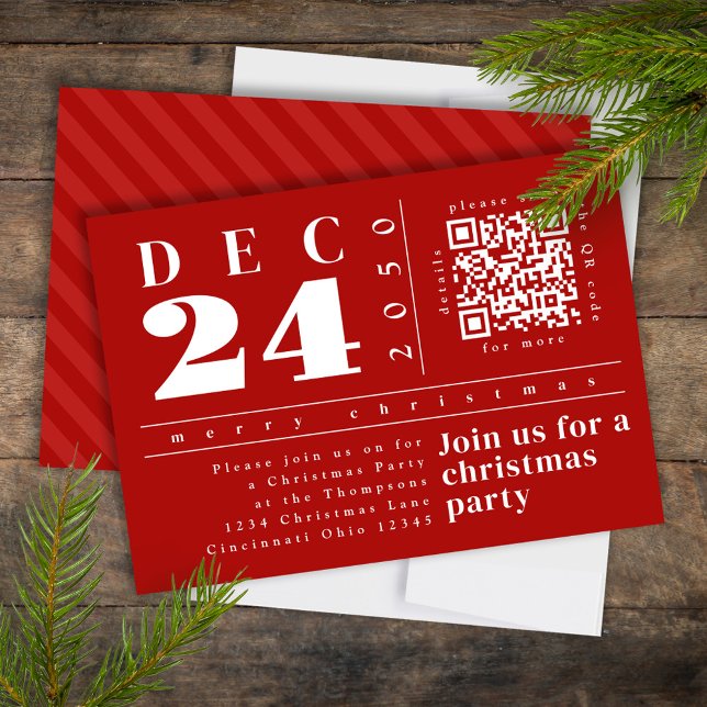 Weihnachten Modern Simple Red Bold Strips QR Code Einladung (Christmas modern style simple red striped party invitation, )